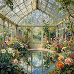 a beautifull intricate greenhouse with many flowers, reflexions, verry high details by william turner art, greg rutkowski and alphonse mucha, and moebius, trending on artstation, very very detailed, masterpiece, - h 7 0 4