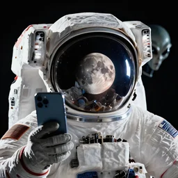 extremely detailed portrait of space astronaut, wearing gloves, iphone in hand, reflection of the moon in visor, alien looking over shoulder from behind, extreme close shot, dramatic backlight, award winning photo by jimmy nelson