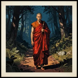 ancient monk, by gediminas pranckevicius, by james gilleard, poster, dark shadows, woodblock, split - complementary - colors, polished, clathrus - ruber, favolaschia - calocera, on the path to enlightenment