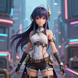 3 d render of a fantasy anime girl, beautiful cyberpunk landscape in the background, very very very detailed, anime style, 3 d render, houdini 3 d, octane 3 d, zbrush, maya, blender, trending on artstation