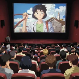 people in a busy movie theatre, anime film still from the an anime directed by katsuhiro otomo with art direction by salvador dali, wide lens