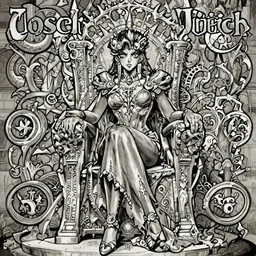 Castlevania Witch, magic the gathering sorceress, sitting on a throne, Jojo's Bizarre Adventure Cover Art, black and white, manga, highly detailed, beauty, art by Tim Burton, intricate, elegant, J. C. Leyendecker