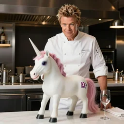 A unicorn working as a chef in one of Gordon Ramsey's restaurants