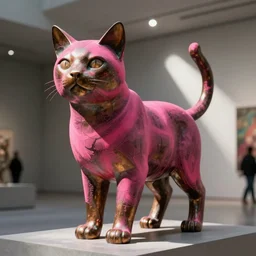 “bronze sculpture of a cat covered in bright pink spray painted lines, modern art museum”