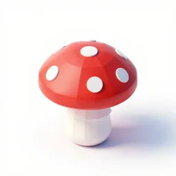 Matte 3d low poly icon of a red mushroom with white spots, lat lighting, isometric perspective on pure white background, soft shadows, 3d render,