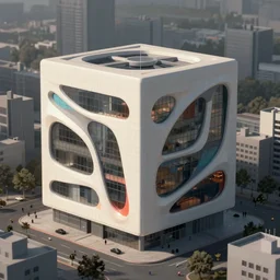 architectural visualization of a cubic high tech solarpunk building with smooth flowing sci - fi streamlined cuts on the facade, off white with colorful cuts designed by selgascano, standing out within a grey urban area in background