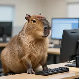 a capybara in front of a computer holding a computer