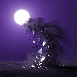 a dark matter wind and dust pieces of purple sky with a white sun falls to the ground and breaks into fragments, metallic light, futurism, schizophrenia, hyperrealistic fall, limbo, the matrix broke into asymmetric fragments