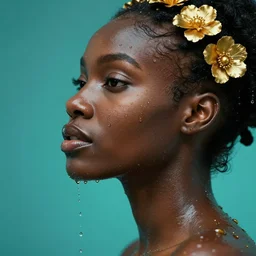 hyperrealistic precisionist cinematic profile very expressive! black oshun goddess, in water! up to shoulders, mirror dripping droplet!, gold flowers, highly detailed face, digital art masterpiece, smooth eric zener cam de leon, dramatic pearlescent turquoise light on one side, close - up low angle uhd 8 k, shallow depth of field