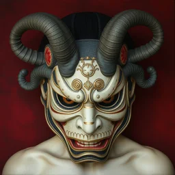 hannaya oni mask, by chie yoshii and sean yoro and wlop