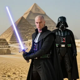 morbius holding a lightsaber. darth vader, pyramids in background.
