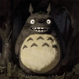 vintage photograph of a terrifying totoro with glowing eyes about to attack the camera from the shadows, gothic, horror film, claws, sharp teeth, aggressive violent realistic by edward s curtis