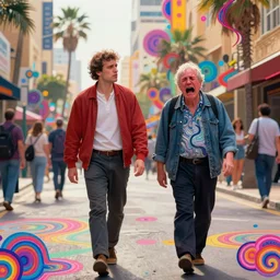 bright psychedelic todd solondz walking with bill hicks in the street of tel aviv, crying and puking, abused, diffuse lighting, fantasy, intricate, elegant, highly detailed, lifelike, photorealistic, digital painting, artstation, illustration, concept art, smooth, sharp focus, art by gregory crewdson and francis bacon