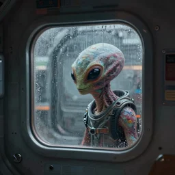 a cinematic painting of an alien creature inside of spaceship looking out of a small rainy window, beautiful lighting, high depth, ultra realistic, artistic, by annie leibovitz and zack snyder