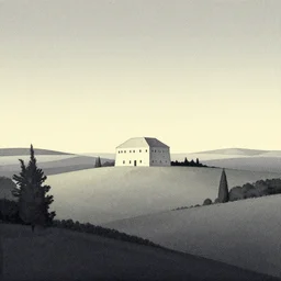 A serene landscape with a singular building in the style of Enki Bilal and Moebius and Simon Bisley and Robert McCall.