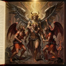 book of enoch, angels capture demons with huge chains and send them to hell, by oi and ellen jewett, trending on artstation