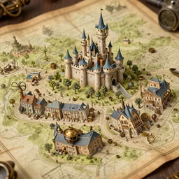 close up of steampunk town map of fantasy land with a castle and buildings