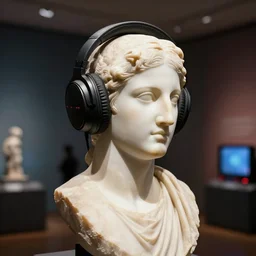 Ancient with headphone, PC gamer, marble statue, museum exhibitions