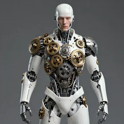 cyborg man wearing a white suit made of organic gears, machinery, melting metal, photorealistic, art by travis charest