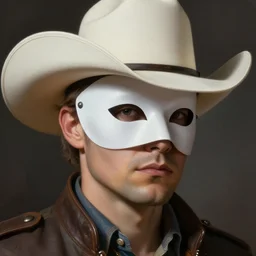 Portrait of a cowboy wearing a white cowboy hat and white mask covering half his face, male, detailed face, fantasy, highly detailed, cinematic lighting, digital art painting by greg rutkowski