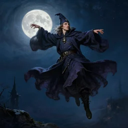 attractive male wizard magically floating high in the night, fantasy, full moon in background. highly detailed painting by gaston bussiere, craig mullins, j. c. leyendecker, mid shot, 8 k