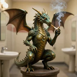 D&D bronze dragonborne smoking a joint in the school bathroom, digital art
