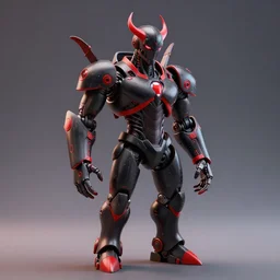 3D model of an evil cyborg, black and red theme, octane render, studio lighting, trending on artstation, highly detailed, specular, high quality, product photography, depth of field