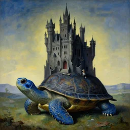 the eternal gothic castle of broken dreams, on top of a giant blue turtle, by magritte, dali, breton, masterpiece, symbolism, surrealism, landscape, oil on canvas, 8 k