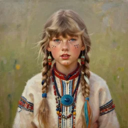oil painting of a taylor swift as a young comanche girl in traditional dress, facial tattoos, art by michael whelan
