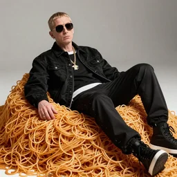 photograph of Eminem reclining on a heap of spaghetti photorealistic trending on artstation 8k high quality very coherent art lighting