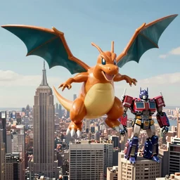 charizard flying above new york, cybertronian, long shot, cinematography by wes anderson, 4 k octane render, intricate detail, photorealistic, cinematic lighting, artstation