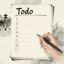 Todo list. Masterpiece sumi-e painting. Museum collection. 8k, beautiful detail, post-processing