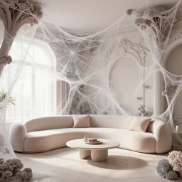 a modern indoor room covered with insanely detailed spiderweb and mycelia, clean architecture, pastel colored, baroque, a couch, a couch table, daylight, peaceful, 8 k, octane render