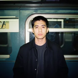 medium shot portrait in new york subway photographed at night with flash, analog medium format pentax 6 7 film vintage photograph, featured on unsplash