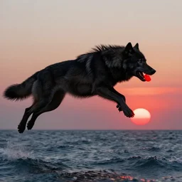 a huge black fenrir wolf with many long paws in a jump, flying over the horizon, mouth open, biting the little red sun in his teeth, over the expanses of the raging sea,