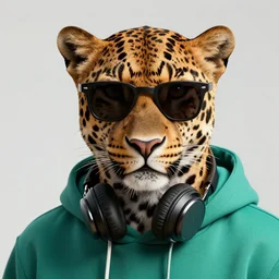 a photorealistic digital illustration of a leopard wearing black sunglasses and dressed in a teal green hoodie. headphones wrap his neck. hyper detailed. this 4 k hd image is trending on artstation, featured on behance, well - rendered, extra crisp, features intricate detail, epic composition and the style of unreal engine.