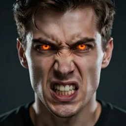the face of a very angry man with orange glowing eyes