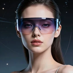 retrofuturistic portrait of extremely beautiful woman, minimal cybernetic enhancements, gradient reflective visor, space graphics in background, close up, quint buchholz, wlop, dan mumford, artgerm, liam brazier, peter mohrbacher, raw, featured on artstation, octane render, cinematic, elegant, intricate, 8 k