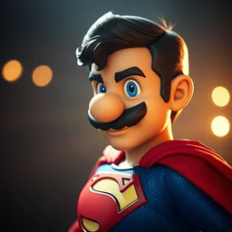 photo body portrait of super mario super mario as superman in man of steel, movie still, cinematic lighting, ray tracing, octane render, long lens, shallow depth of field, bokeh, anamorphic lens flare, 8 k, hyper detailed, 3 5 mm film grain