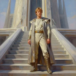 anakin at the steps of the jedi temple on coruscant, oil painting, award - winning art, highly detailed