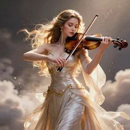 a beautiful female goddess of the violins character, character is in all its glory, character is in her natural relaxed pose, rim lights, particles and dust in the air, fancy clouds, highly detailed professional photo, dynamic lights, particles are flying, depth of field, trending on artstation, professional illustration, hyper realistic, vray caustics, super detailed, colorful accents, cinematic shot