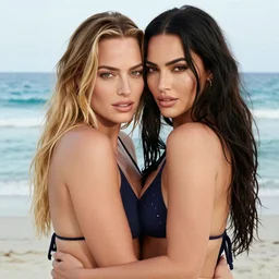 margot robbie and megan fox hugging and posing with a beautiful bikini on the beach, amazing detail, hyper - realistic faces, 8 k resolution