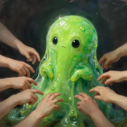 portrait of cute innocent green noise an amorphous blob, slimy alien creature with adorable uwu eyes, it has several human arms out stretched to grab me. painted by greg rutkowski, wlop,,