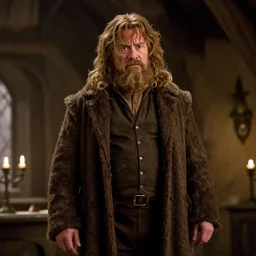 film still of Dwayne Johnson as Hagrid in his cabin in Harry Potter movie 2001, 4k