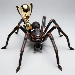 a photograph of a giant black spider holding a trophy