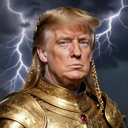 head and shoulders portrait of a female knight, donald trump, golden etched armor, lord of the rings, celtic hair braid, eldritch ruby amulet, thunderstorm, by artgerm, alphonse mucha, face detail, sharp focus, high key lighting, vogue fashion photo