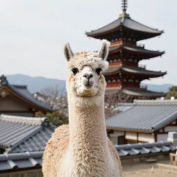 beautiful llama wearing a turtleneck sweater, on a rooftop of a japanese pagoda