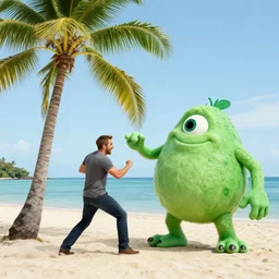 photo of ryan reynolds on a tropical beach, one palm tree, calm ocean, fighting a giant mint monster, highly detailed
