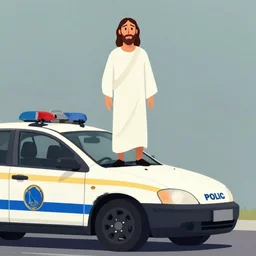 jesus standing on the top of a car being evading police