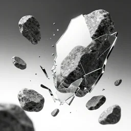 highly detailed beautiful black and white broken stones in the air through a broken mirror, rock chips, different sizes, dynamic composition, artstation, splash, sharp focus, dynamic lighting, elegant, epic, beauty, masterpiece, by riccardo federici, by feng zhu, illustration, white background, ink draw, paint, pen